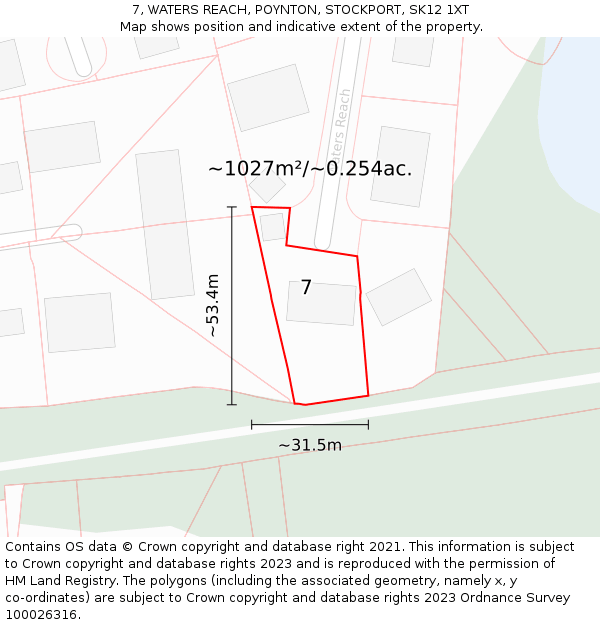 7, WATERS REACH, POYNTON, STOCKPORT, SK12 1XT: Plot and title map