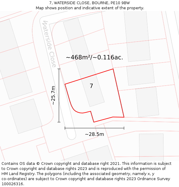 7, WATERSIDE CLOSE, BOURNE, PE10 9BW: Plot and title map