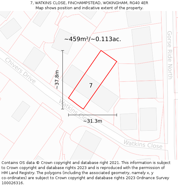 7, WATKINS CLOSE, FINCHAMPSTEAD, WOKINGHAM, RG40 4ER: Plot and title map