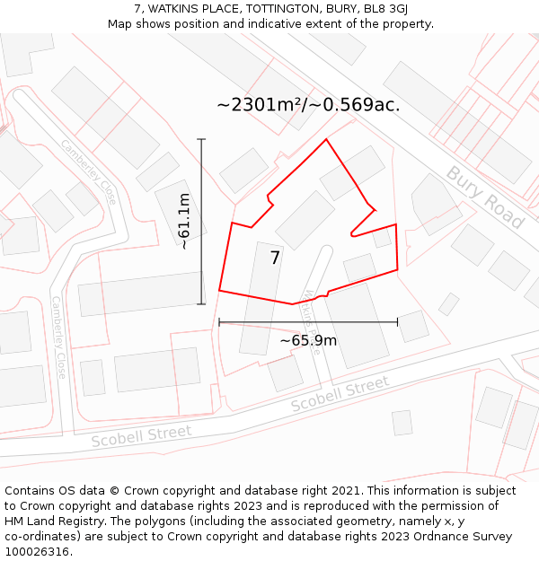 7, WATKINS PLACE, TOTTINGTON, BURY, BL8 3GJ: Plot and title map