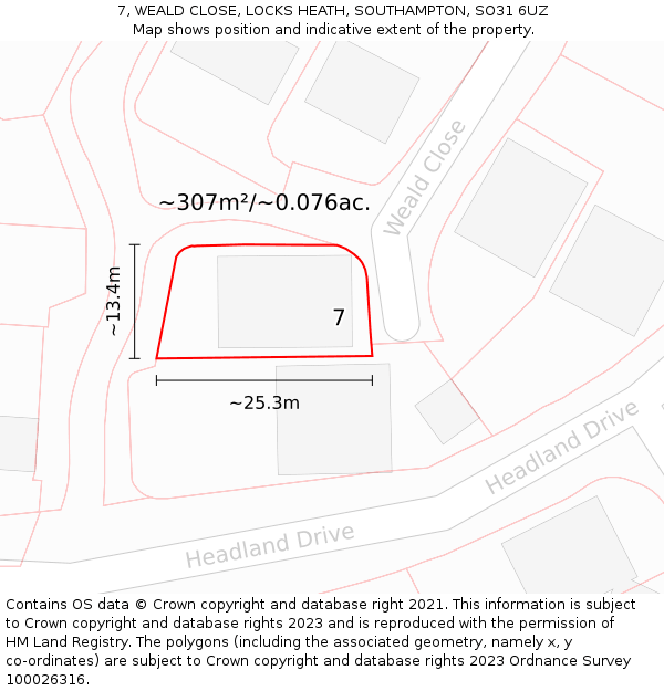 7, WEALD CLOSE, LOCKS HEATH, SOUTHAMPTON, SO31 6UZ: Plot and title map