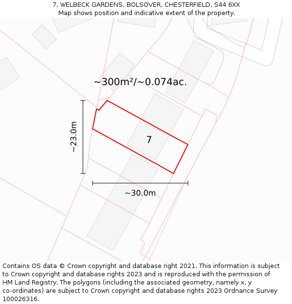 7, WELBECK GARDENS, BOLSOVER, CHESTERFIELD, S44 6XX: Plot and title map