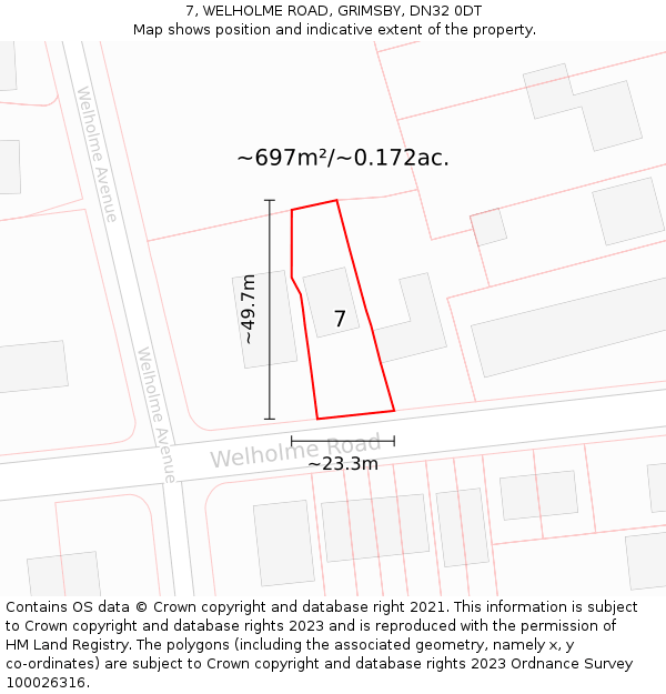 7, WELHOLME ROAD, GRIMSBY, DN32 0DT: Plot and title map