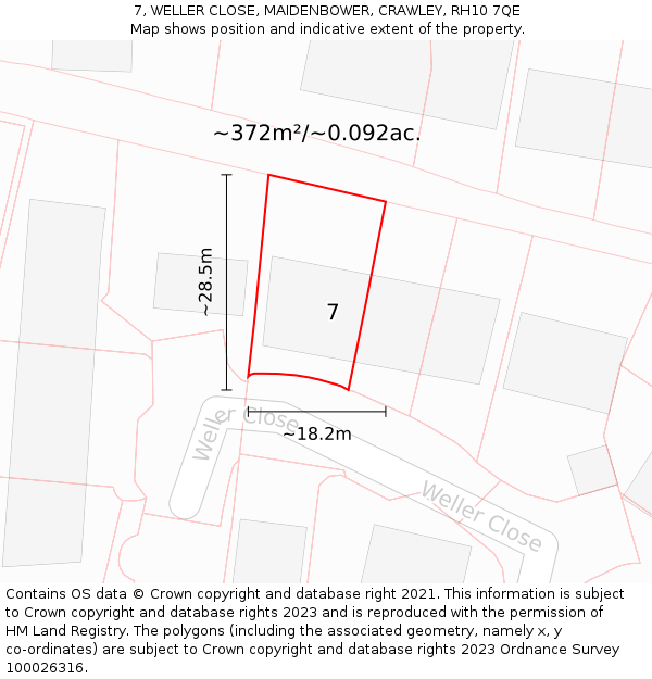 7, WELLER CLOSE, MAIDENBOWER, CRAWLEY, RH10 7QE: Plot and title map