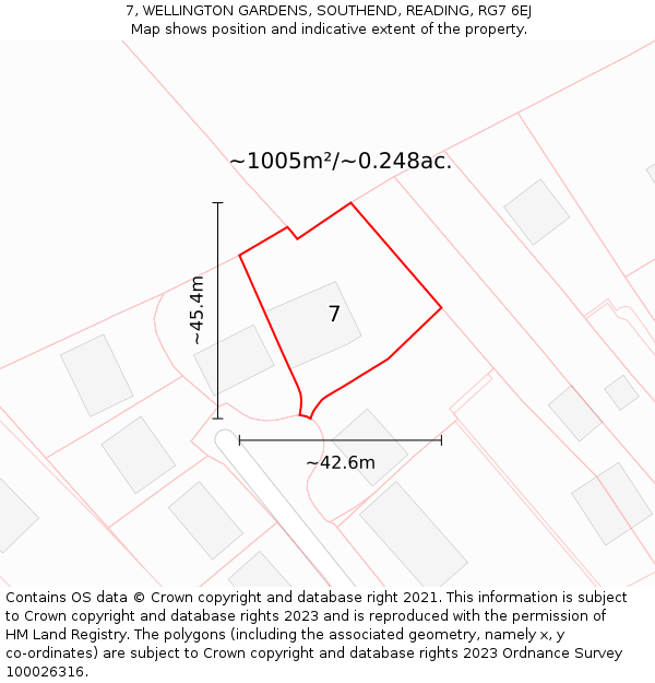 7, WELLINGTON GARDENS, SOUTHEND, READING, RG7 6EJ: Plot and title map