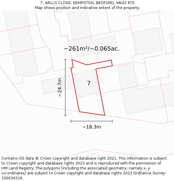 7, WELLS CLOSE, KEMPSTON, BEDFORD, MK42 8TS: Plot and title map