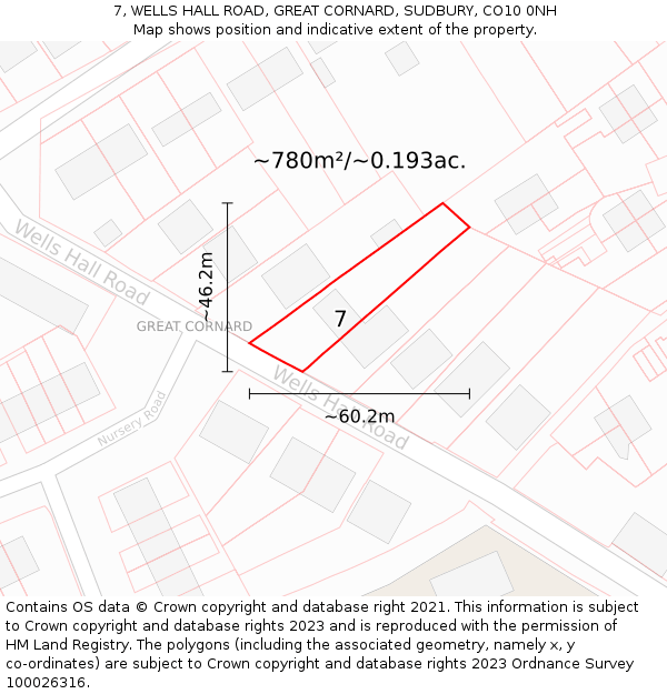 7, WELLS HALL ROAD, GREAT CORNARD, SUDBURY, CO10 0NH: Plot and title map