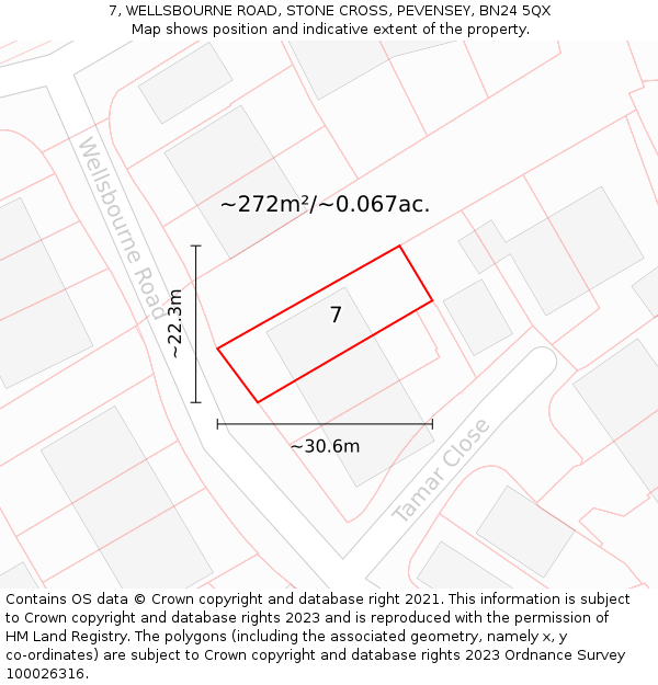 7, WELLSBOURNE ROAD, STONE CROSS, PEVENSEY, BN24 5QX: Plot and title map