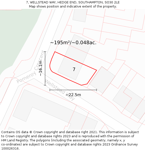 7, WELLSTEAD WAY, HEDGE END, SOUTHAMPTON, SO30 2LE: Plot and title map