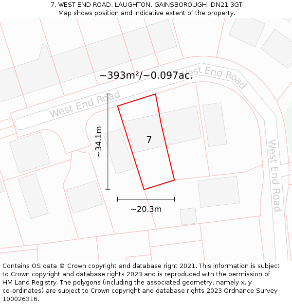 7, WEST END ROAD, LAUGHTON, GAINSBOROUGH, DN21 3GT: Plot and title map