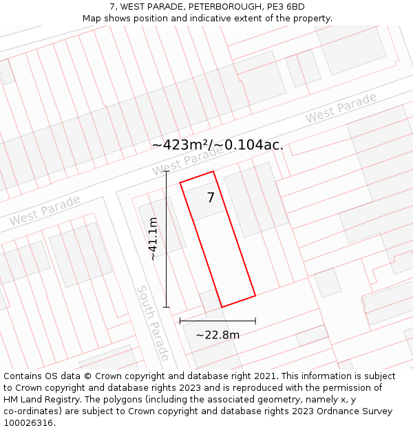 7, WEST PARADE, PETERBOROUGH, PE3 6BD: Plot and title map