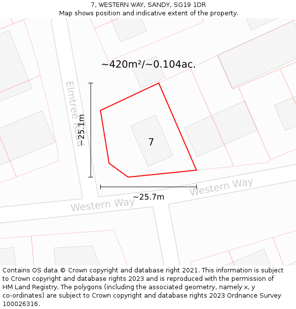 7, WESTERN WAY, SANDY, SG19 1DR: Plot and title map