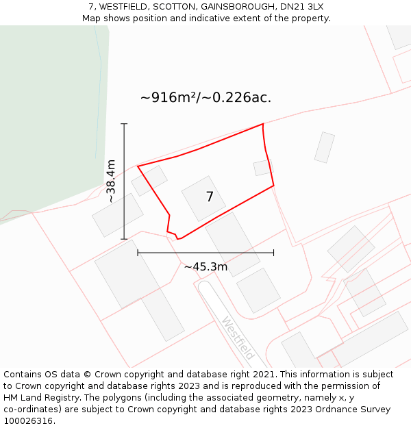 7, WESTFIELD, SCOTTON, GAINSBOROUGH, DN21 3LX: Plot and title map