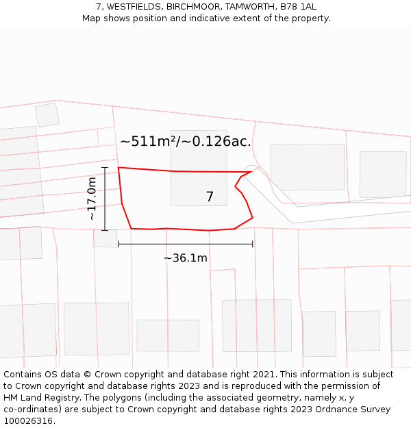 7, WESTFIELDS, BIRCHMOOR, TAMWORTH, B78 1AL: Plot and title map