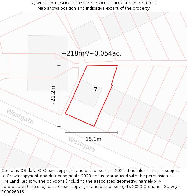 7, WESTGATE, SHOEBURYNESS, SOUTHEND-ON-SEA, SS3 9BT: Plot and title map