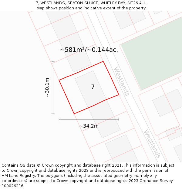 7, WESTLANDS, SEATON SLUICE, WHITLEY BAY, NE26 4HL: Plot and title map