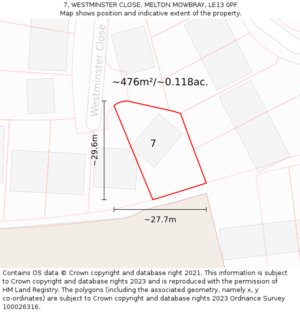 7, WESTMINSTER CLOSE, MELTON MOWBRAY, LE13 0PF: Plot and title map