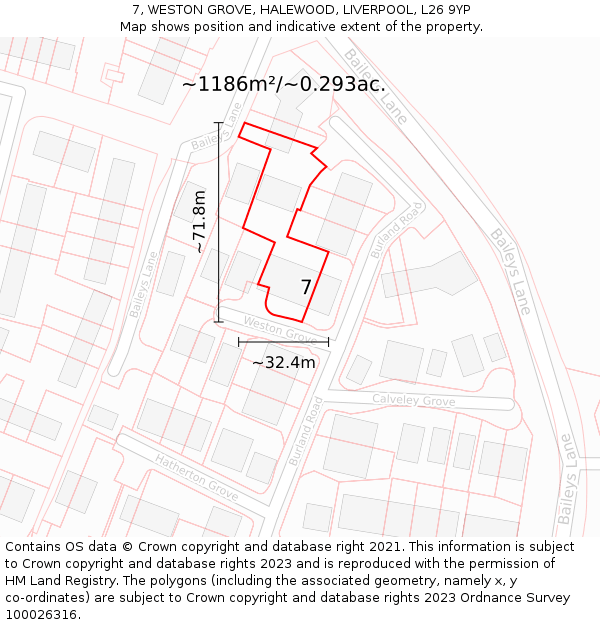 7, WESTON GROVE, HALEWOOD, LIVERPOOL, L26 9YP: Plot and title map