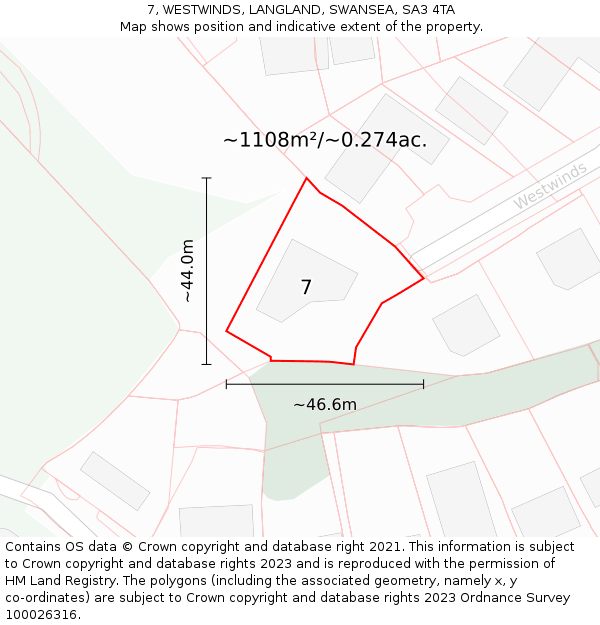 7, WESTWINDS, LANGLAND, SWANSEA, SA3 4TA: Plot and title map