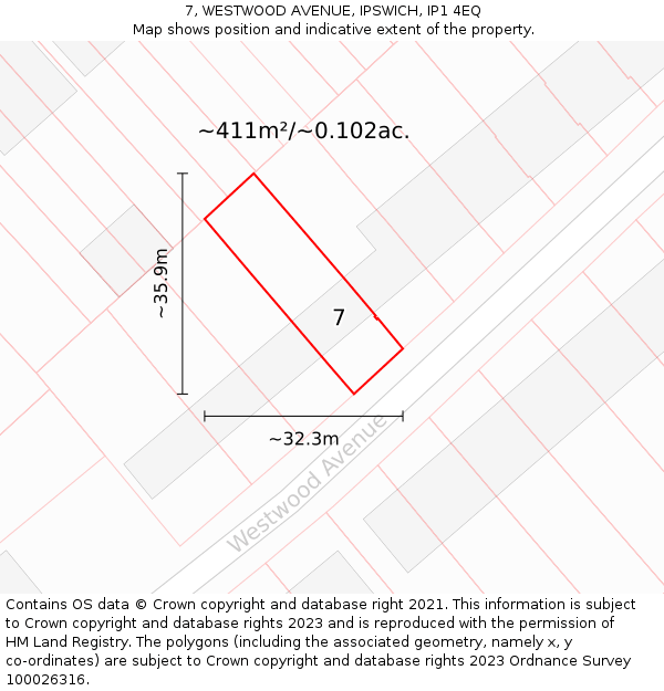 7, WESTWOOD AVENUE, IPSWICH, IP1 4EQ: Plot and title map