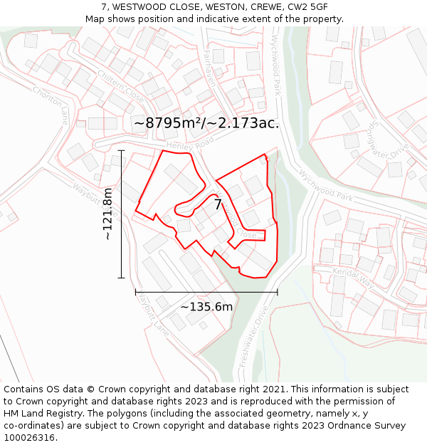 7, WESTWOOD CLOSE, WESTON, CREWE, CW2 5GF: Plot and title map