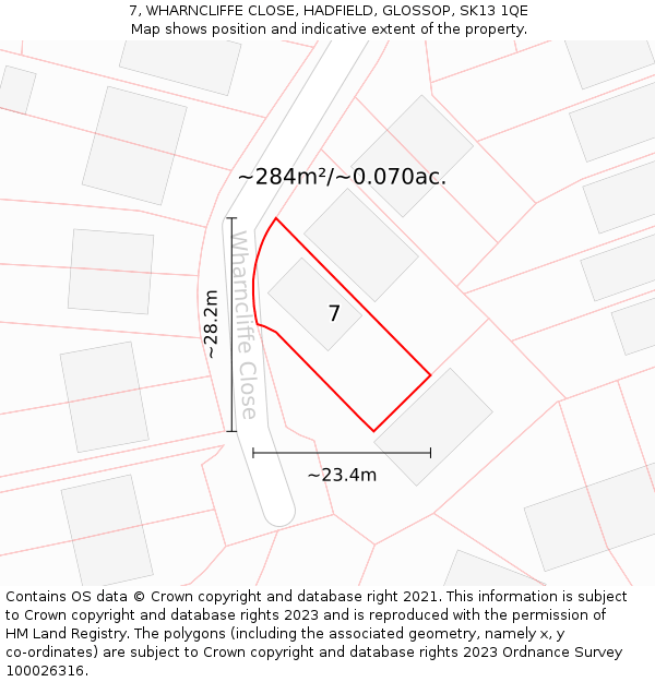 7, WHARNCLIFFE CLOSE, HADFIELD, GLOSSOP, SK13 1QE: Plot and title map