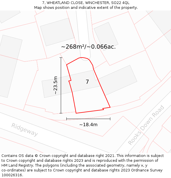 7, WHEATLAND CLOSE, WINCHESTER, SO22 4QL: Plot and title map