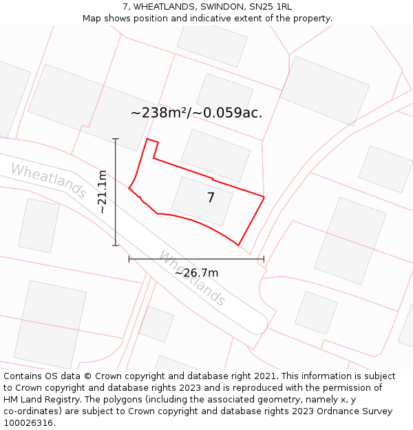 7, WHEATLANDS, SWINDON, SN25 1RL: Plot and title map