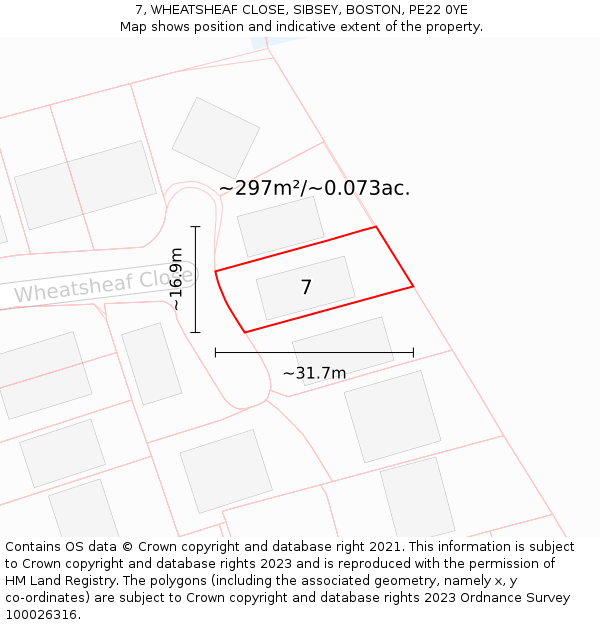 7, WHEATSHEAF CLOSE, SIBSEY, BOSTON, PE22 0YE: Plot and title map