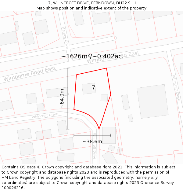 7, WHINCROFT DRIVE, FERNDOWN, BH22 9LH: Plot and title map