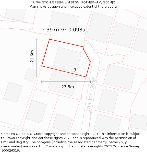 7, WHISTON GREEN, WHISTON, ROTHERHAM, S60 4JX: Plot and title map