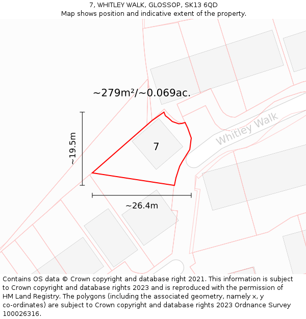 7, WHITLEY WALK, GLOSSOP, SK13 6QD: Plot and title map