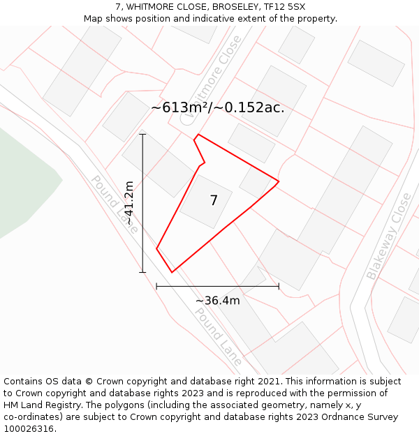 7, WHITMORE CLOSE, BROSELEY, TF12 5SX: Plot and title map