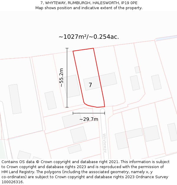 7, WHYTEWAY, RUMBURGH, HALESWORTH, IP19 0PE: Plot and title map