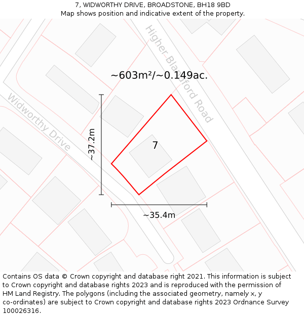 7, WIDWORTHY DRIVE, BROADSTONE, BH18 9BD: Plot and title map