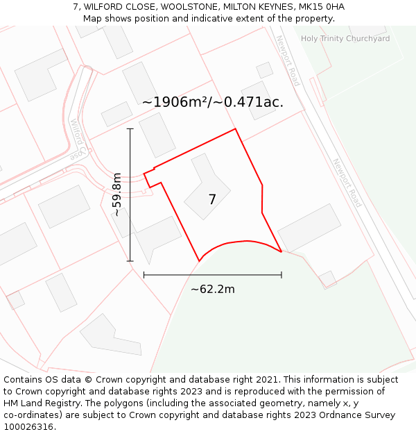 7, WILFORD CLOSE, WOOLSTONE, MILTON KEYNES, MK15 0HA: Plot and title map