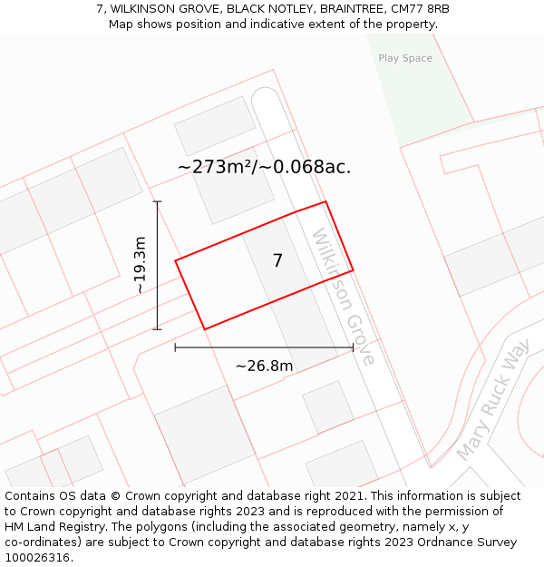 7, WILKINSON GROVE, BLACK NOTLEY, BRAINTREE, CM77 8RB: Plot and title map