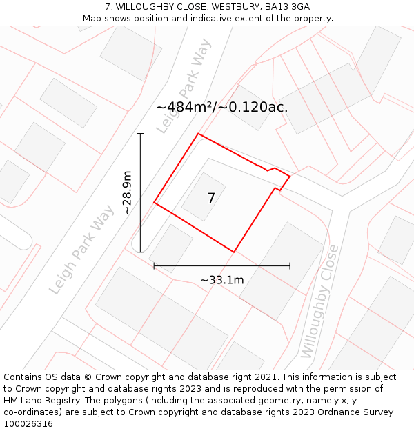 7, WILLOUGHBY CLOSE, WESTBURY, BA13 3GA: Plot and title map