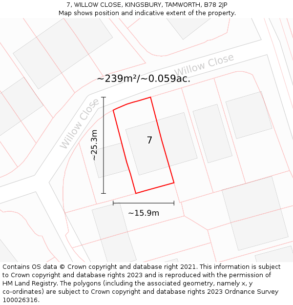 7, WILLOW CLOSE, KINGSBURY, TAMWORTH, B78 2JP: Plot and title map