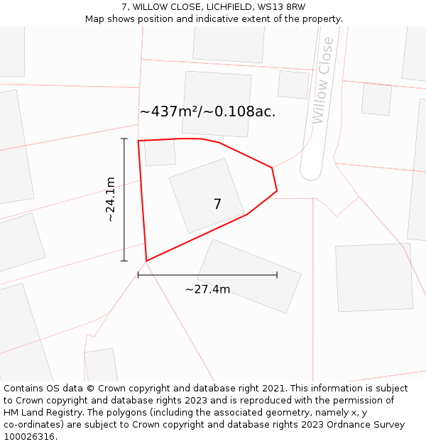 7, WILLOW CLOSE, LICHFIELD, WS13 8RW: Plot and title map