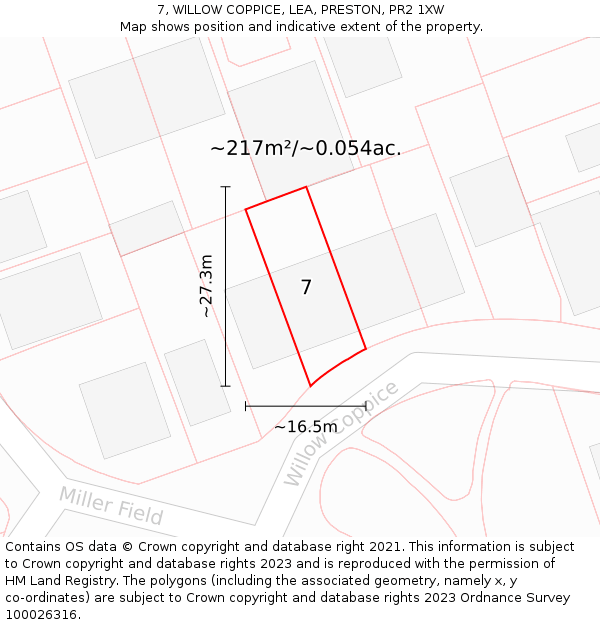 7, WILLOW COPPICE, LEA, PRESTON, PR2 1XW: Plot and title map