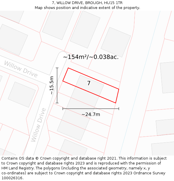 7, WILLOW DRIVE, BROUGH, HU15 1TR: Plot and title map