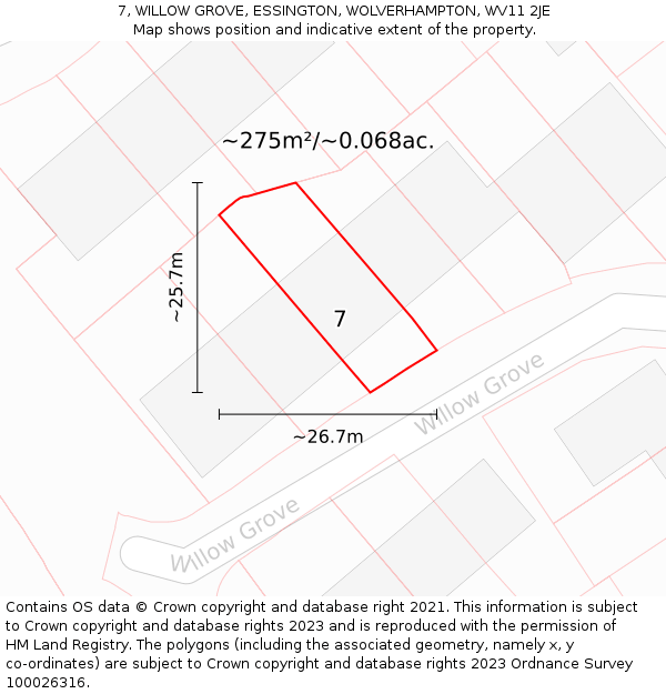 7, WILLOW GROVE, ESSINGTON, WOLVERHAMPTON, WV11 2JE: Plot and title map