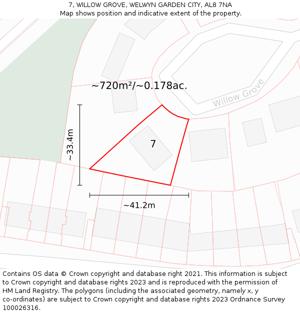 7, WILLOW GROVE, WELWYN GARDEN CITY, AL8 7NA: Plot and title map