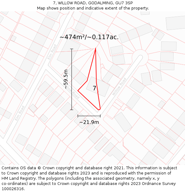 7, WILLOW ROAD, GODALMING, GU7 3SP: Plot and title map