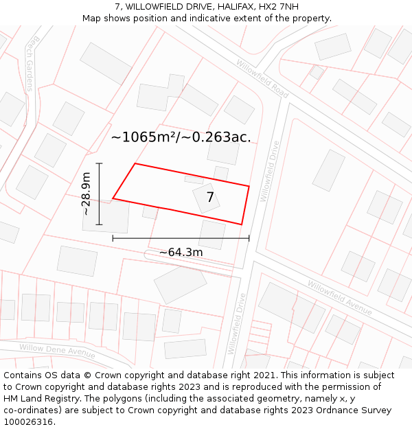 7, WILLOWFIELD DRIVE, HALIFAX, HX2 7NH: Plot and title map