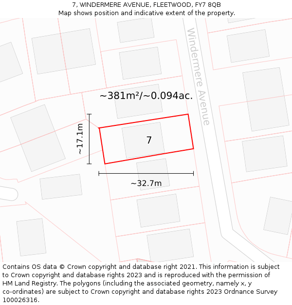 7, WINDERMERE AVENUE, FLEETWOOD, FY7 8QB: Plot and title map