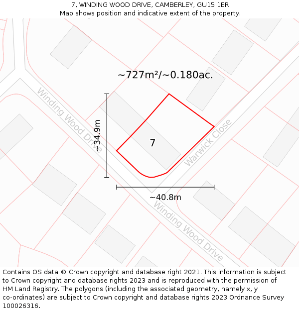 7, WINDING WOOD DRIVE, CAMBERLEY, GU15 1ER: Plot and title map