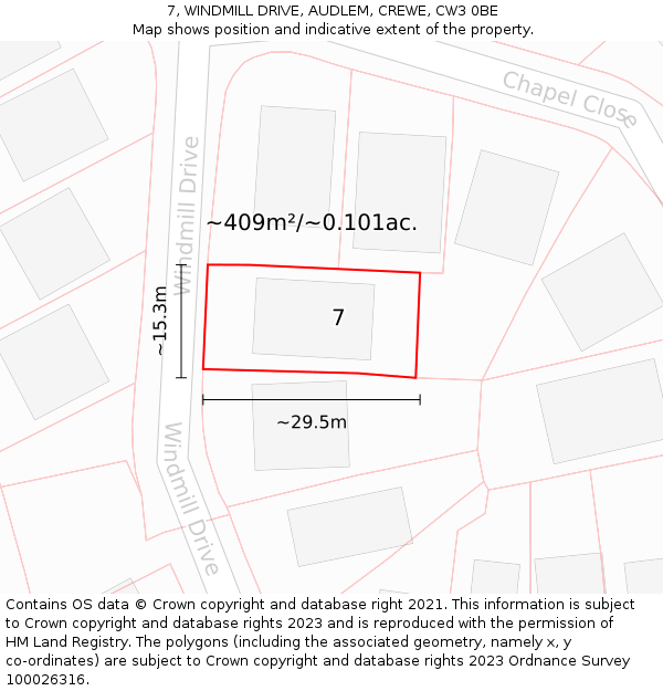 7, WINDMILL DRIVE, AUDLEM, CREWE, CW3 0BE: Plot and title map