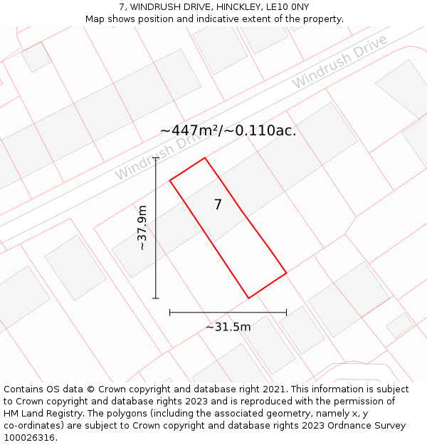 7, WINDRUSH DRIVE, HINCKLEY, LE10 0NY: Plot and title map